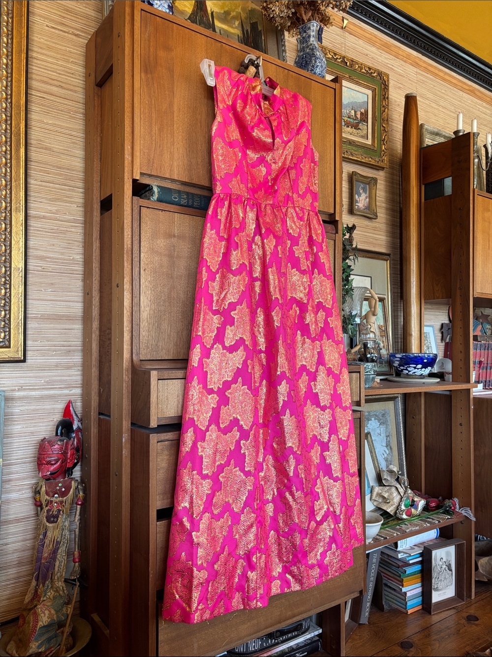 Vintage 60s Pink Floral Maxi Dress metallic Flower psychedelic fuchsia gold glam
